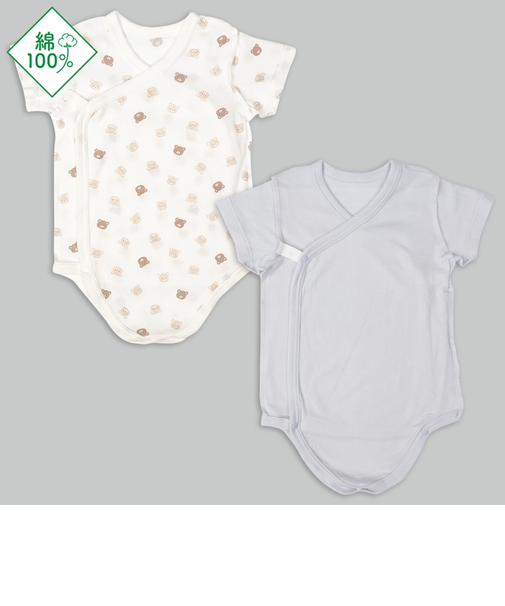 [ベビー]パパッとらくちんロンパース　半袖　2枚組　前開き　くま　サックス