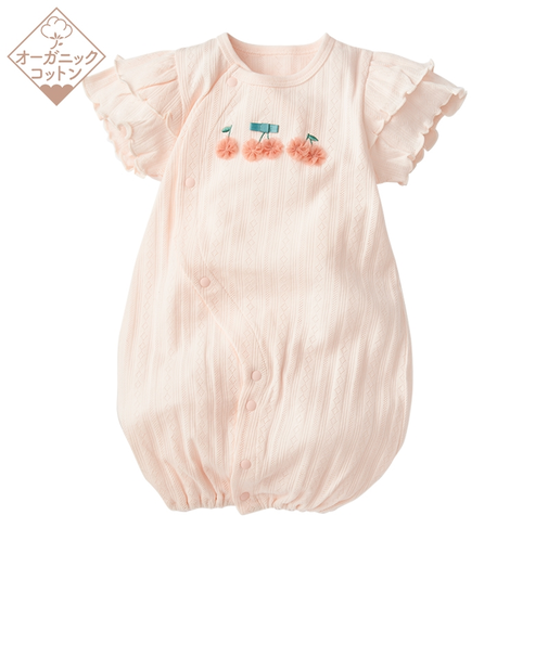 半袖ドレスオール オーガニック チェリー・花 ピンク