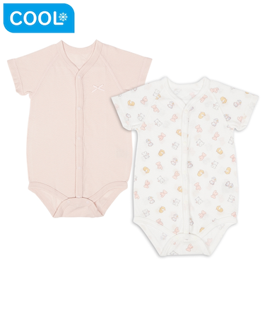 [ベビー]やわらかメッシュ　半袖ロンパース　2枚組　前開き　うさぎ　ピンク