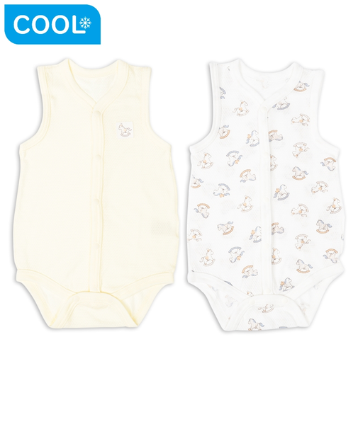 [ベビー]やわらかメッシュ　袖なしロンパース　2枚組　前開き　木馬　アイボリー