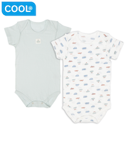 [ベビー]やわらかメッシュ　半袖ロンパース　2枚組　かぶり　くるま　グリーン