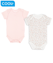 [ベビー]やわらかメッシュ　半袖ロンパース　2枚組　かぶり　お花　ピンク