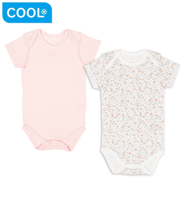 [ベビー]やわらかメッシュ　半袖ロンパース　2枚組　かぶり　お花　ピンク