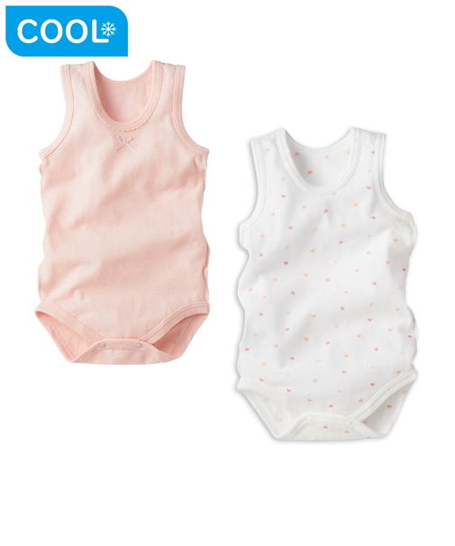 [ベビー]やわらかメッシュ　袖なし　ロンパース　2枚組　かぶり　ハート　ピンク