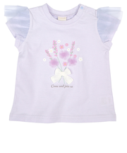 [ベビー]半袖Tシャツ　チュール袖　立体モチーフ　パープル