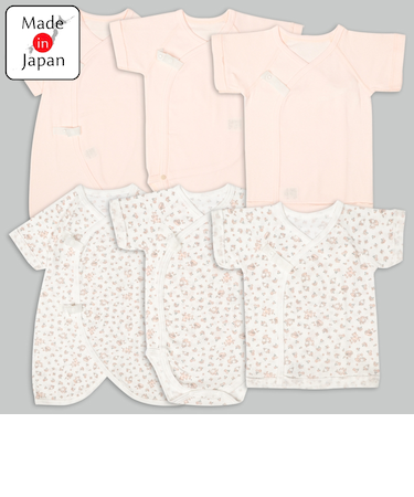 [スナップタイプ]新生児肌着6点セット　半袖　うさぎ・木馬　ピンク