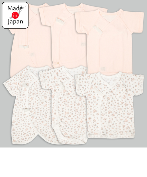 [スナップタイプ]新生児肌着6点セット　半袖　うさぎ・木馬　ピンク