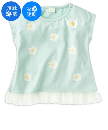 [キッズ]半袖　Tシャツ　裾チュール　ひんやり素材 グリーン