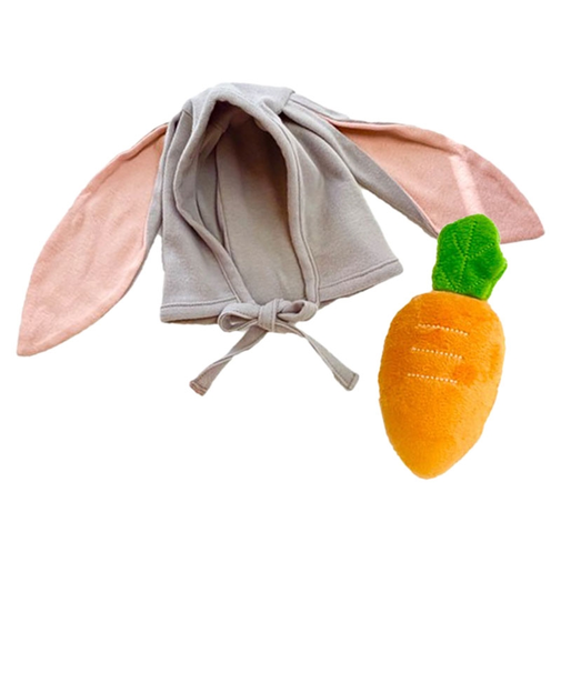 うさぎボンネット&ラトルセット　グレー