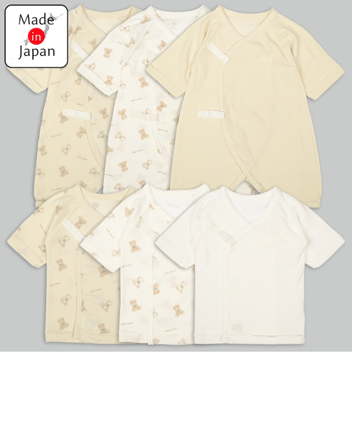 新生児肌着6点セット　スナップ　長袖　くま・うさぎ　ベージュ
