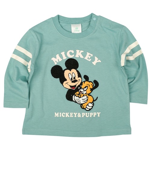 [ベビー]長袖Ｔシャツ　さがら刺しゅう　ミッキー　グリーン
