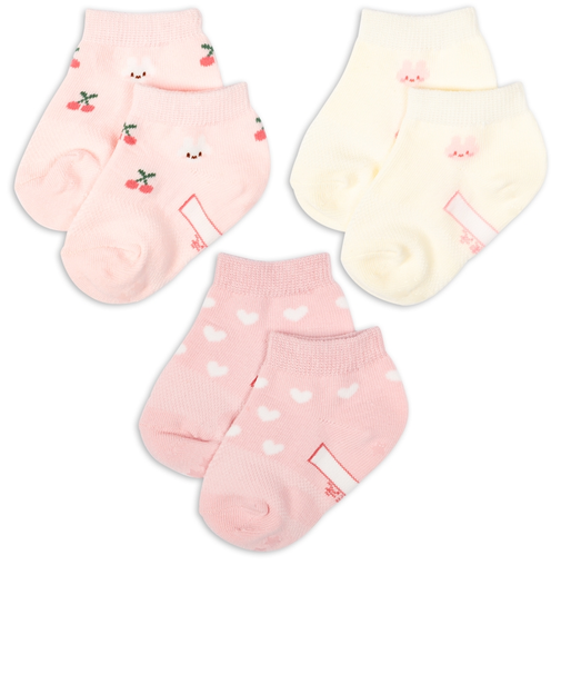 [ベビー]アンクルソックス3足組　うさぎチェリー　ピンク