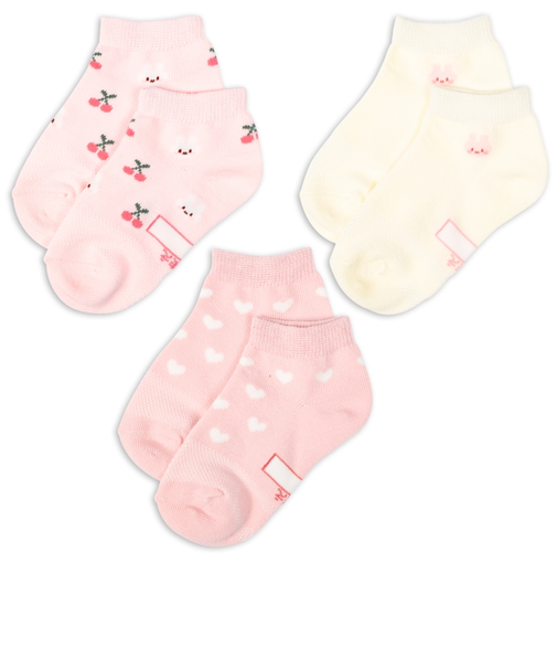 [キッズ]アンクルソックス3足組　うさぎチェリー　ピンク
