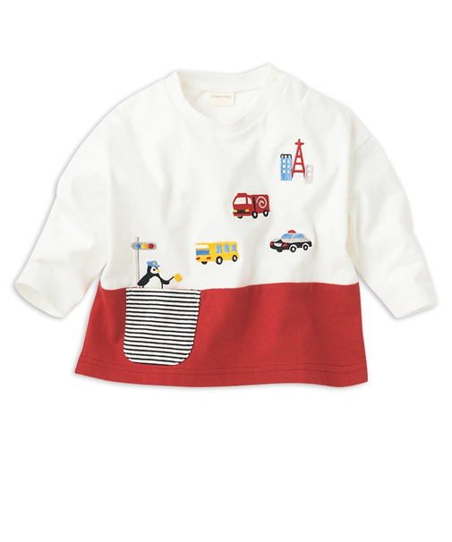 [ベビー]長袖　Tシャツ　切替刺しゅう　レッド