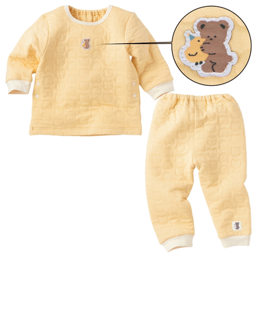 [ベビー]長袖　パジャマ　脇スナップ付　キルト　くま　イエロー