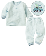 [ベビー]長袖　パジャマ　脇スナップ付　キルト　恐竜　サックス