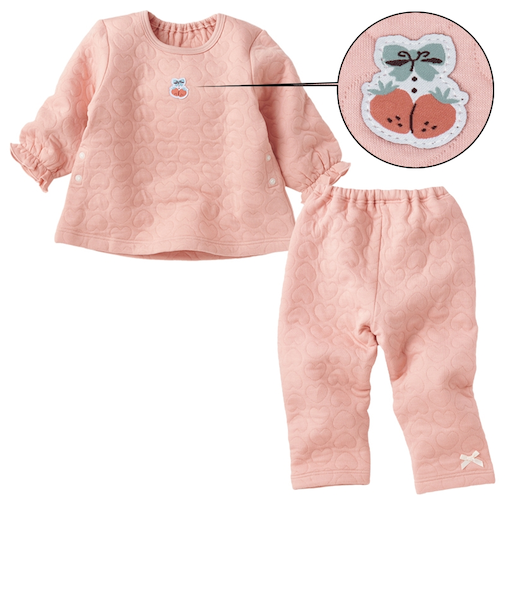 [ベビー]長袖　パジャマ　脇スナップ付　キルト　いちご　ピンク