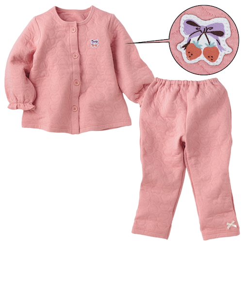 [キッズ]長袖　パジャマ　前開き　キルト　いちご　レッド