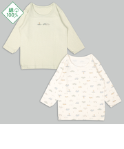 [ベビー]ふわふわコットン　長袖　丸首シャツ　2枚組　くるま　グリーン