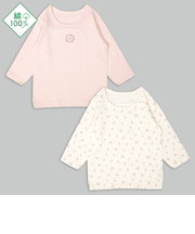 [ベビー]ふわふわコットン　長袖　丸首シャツ　2枚組　花　ピンク