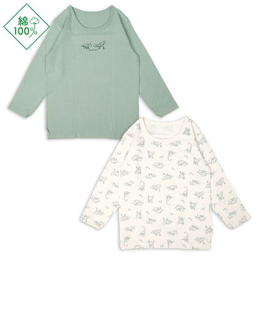 [キッズ]ふわふわコットン　長袖　丸首シャツ　2枚組　恐竜　グリーン