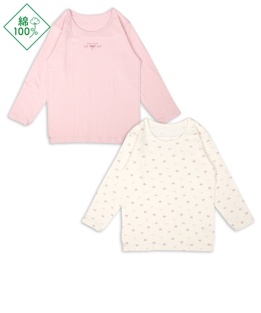 [キッズ]ふわふわコットン　長袖　丸首シャツ　2枚組　リボン　ピンク
