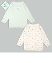 [キッズ]ふわふわコットン　長袖　丸首シャツ　2枚組　花　グリーン
