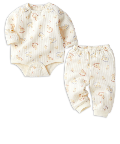 [ベビー]はじめての　長袖パジャマ　ロンパース　木馬 クリーム