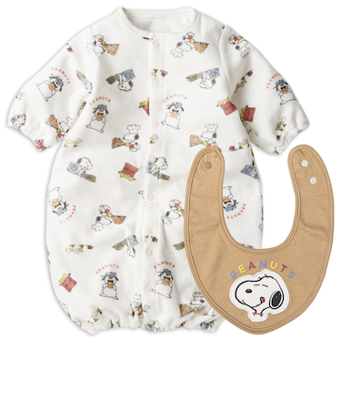 長袖 ドレスオール スヌーピー 総柄 スタイ付き