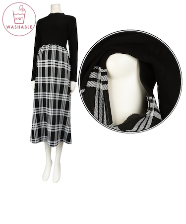 長袖ニットチェック切り替えワンピース