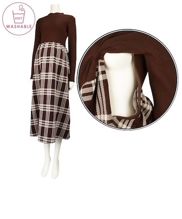 長袖ニットチェック切り替えワンピース