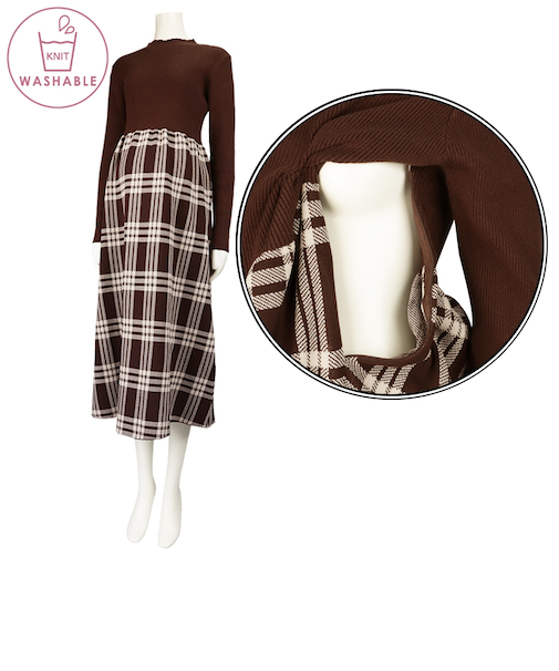 長袖ニットチェック切り替えワンピース