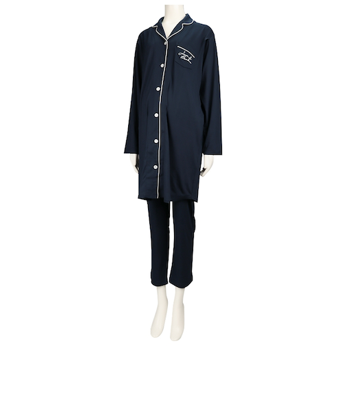 [両脇授乳口付]ママとお腹の赤ちゃんにやさしい長袖パジャマ　無地　ネイビー