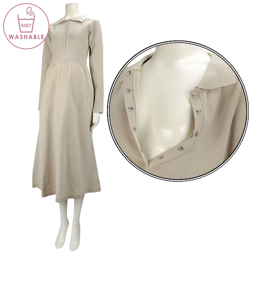 [授乳仕様]長袖ウォッシャブルニット襟付きワンピース　ベージュ