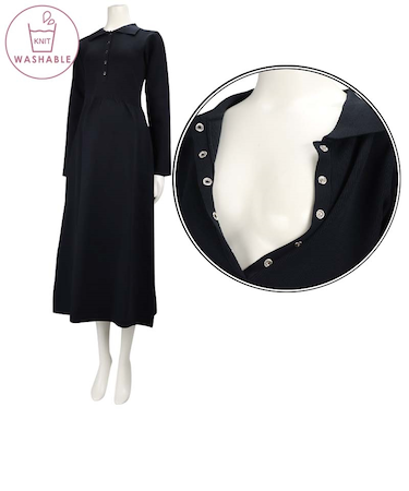 [授乳仕様]長袖ウォッシャブルニット襟付きワンピース　ネイビー