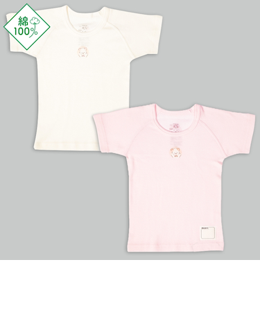 [ベビー]お着替え応援　半袖　丸首シャツ2枚組　ねこ　ピンク
