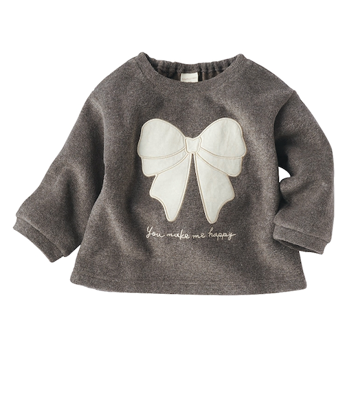 [ベビー]長袖　トレーナー　アップリケ刺しゅう　チャコールグレー
