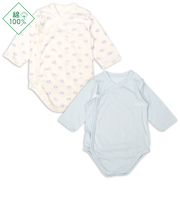 [ベビー]パパッとらくちんロンパース　長袖　2枚組　前開き　ぞう　サックス