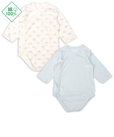 [ベビー]パパッとらくちんロンパース　長袖　2枚組　前開き　ぞう　サックス