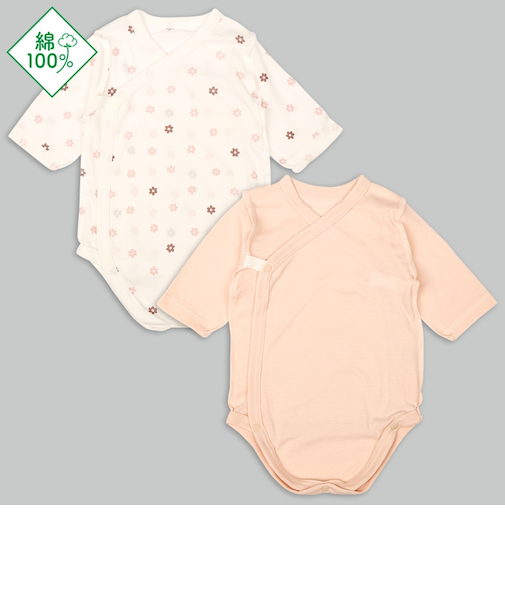 [ベビー]パパッとらくちんロンパース　長袖　2枚組　前開き　花　オレンジ