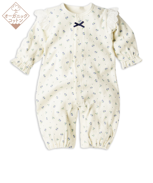 オーガニックコットン　長袖プレオール　リボン　アイボリー