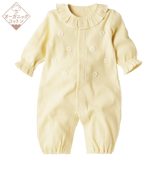 オーガニックコットン　長袖プレオール　花　クリーム