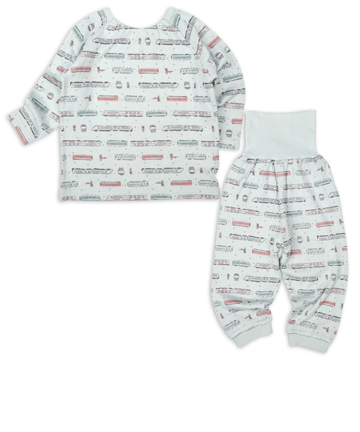 [ベビー]お着替え応援　長袖パジャマ　かぶり　電車　ペパーミント