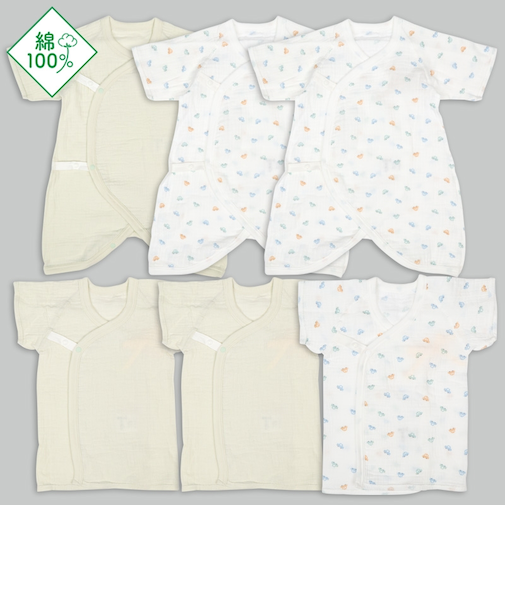 モスリンガーゼ新生児肌着6点　スナップ半袖・七分袖　グリーン