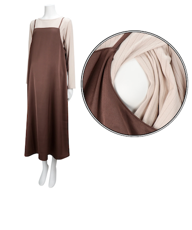 [授乳口付き]長袖トップス付きサテンキャミワンピース　ブラウン