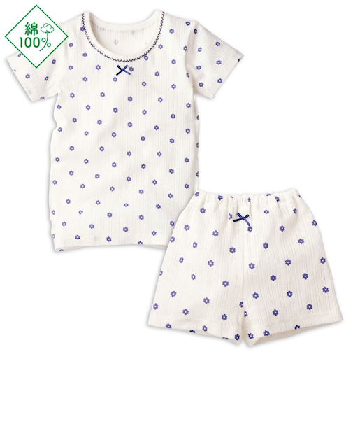 [キッズ]セットアップインナー　半袖　花ドット　オフホワイト