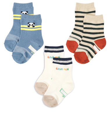 [ベビー]クルーソックス3足組　ぱんだ　ブルー