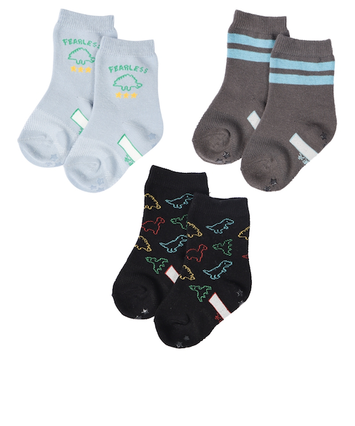 [ベビー]クルーソックス3足組　恐竜　サックス