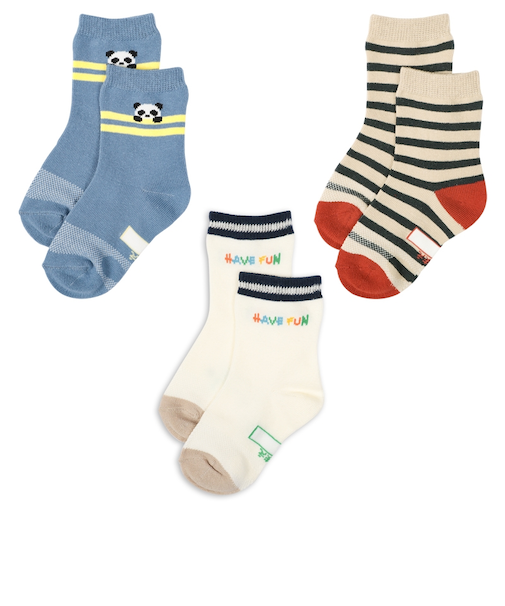 [キッズ]クルーソックス3足組　ぱんだ　ブルー