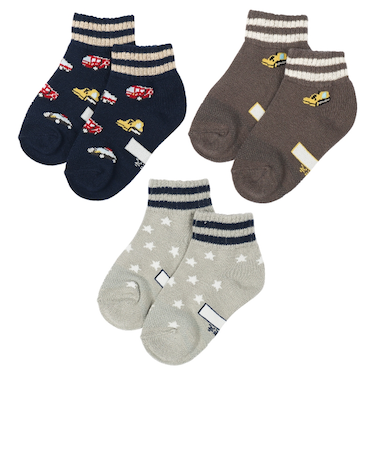 [キッズ]ショートソックス3足組　はたらく車 ネイビー